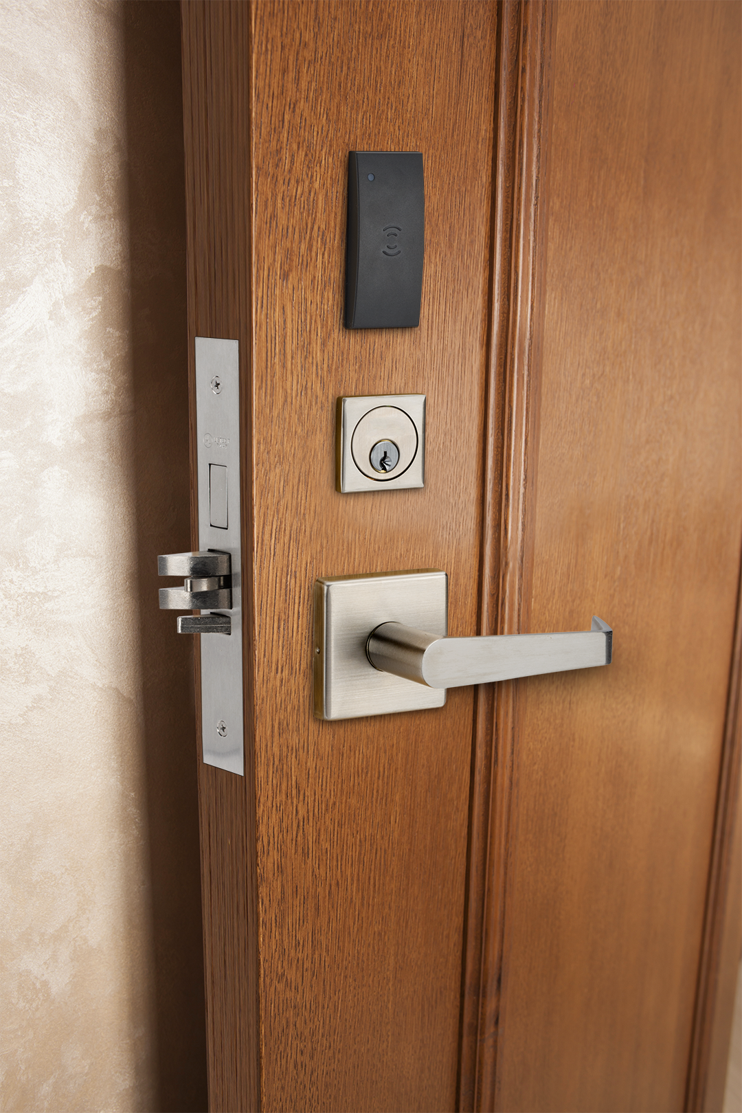 Residential-style door with connected access hardware